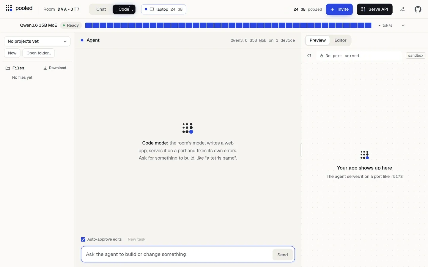 Code mode with no project yet: files on the left, the agent in the middle, the preview on the right