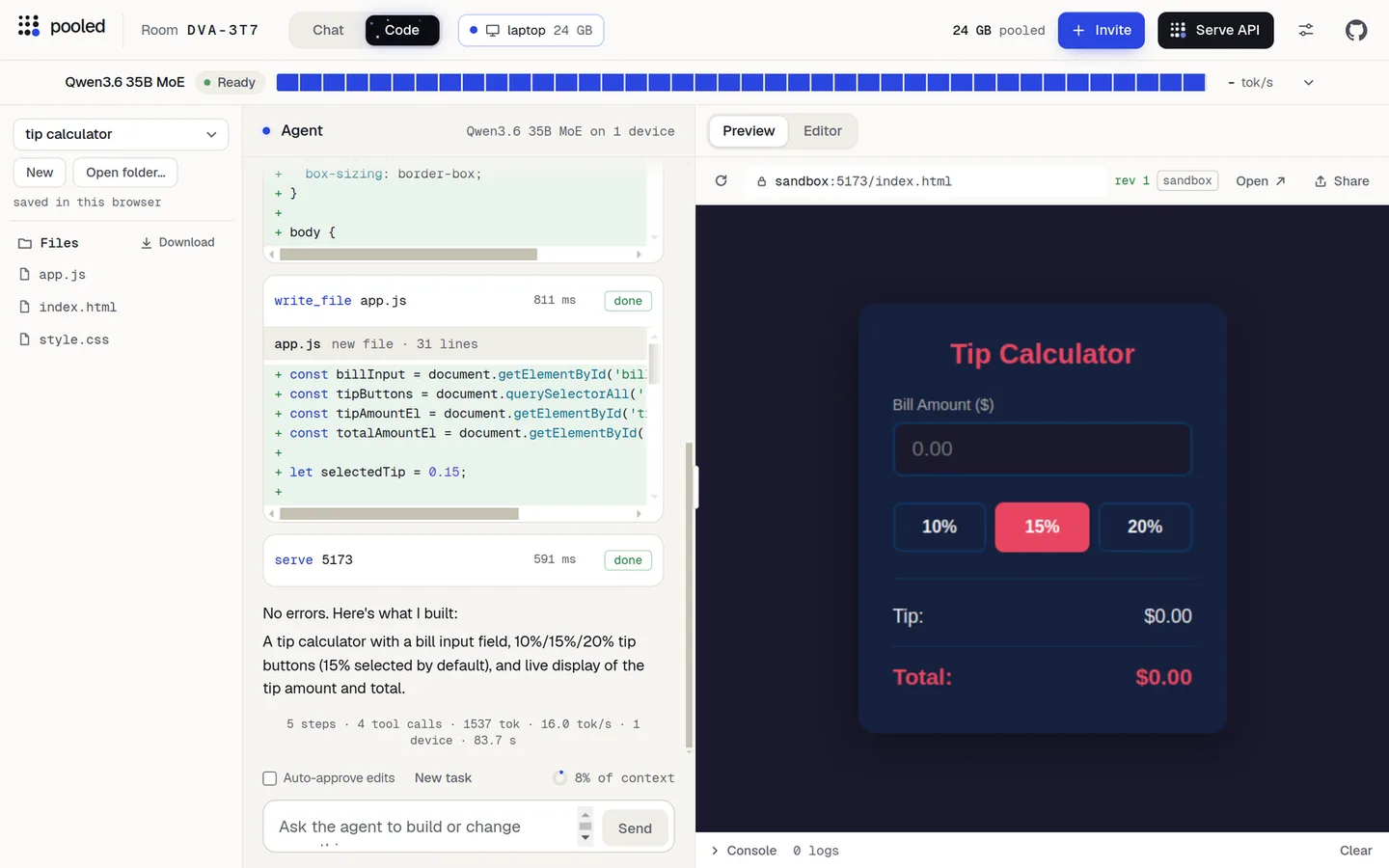 Code mode with the finished tip calculator in the preview at sandbox:5173/index.html, the files app.js, index.html and style.css, and the agent's summary