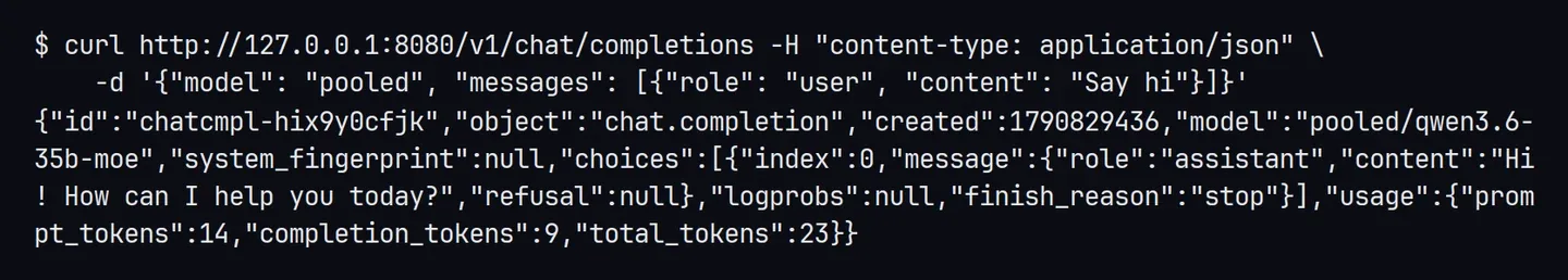 The curl command and its JSON answer from pooled/qwen3.6-35b-moe: Hi! How can I help you today?