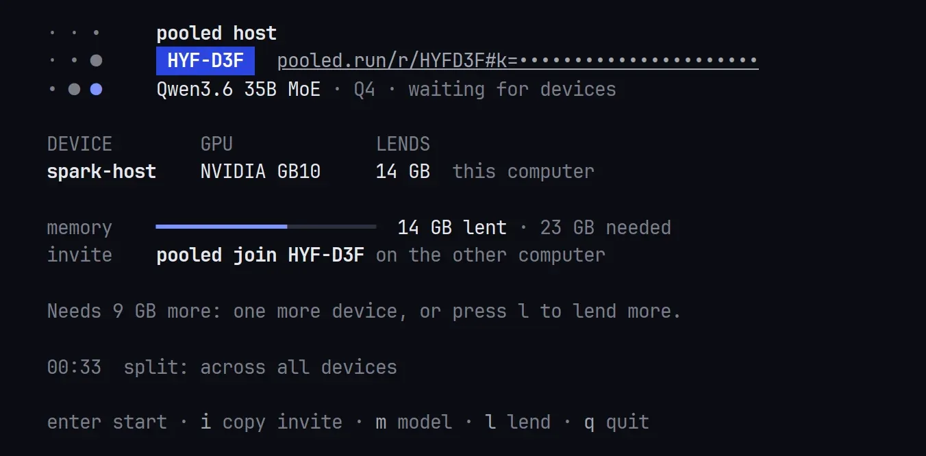 The room screen: spark-host lends 14 GB, 23 GB needed, Needs 9 GB more